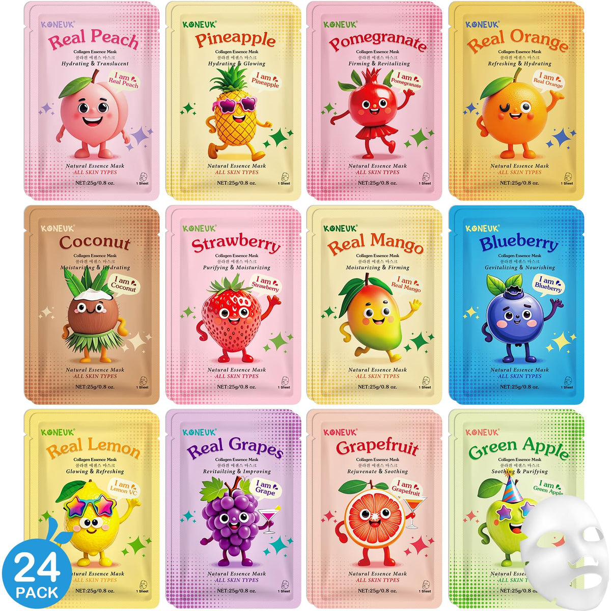 KONEUK front packaging showing all 24 fruity masks and playful artwork