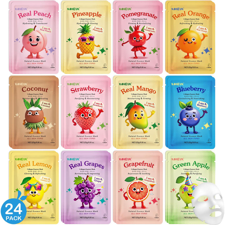 KONEUK front packaging showing all 24 fruity masks and playful artwork