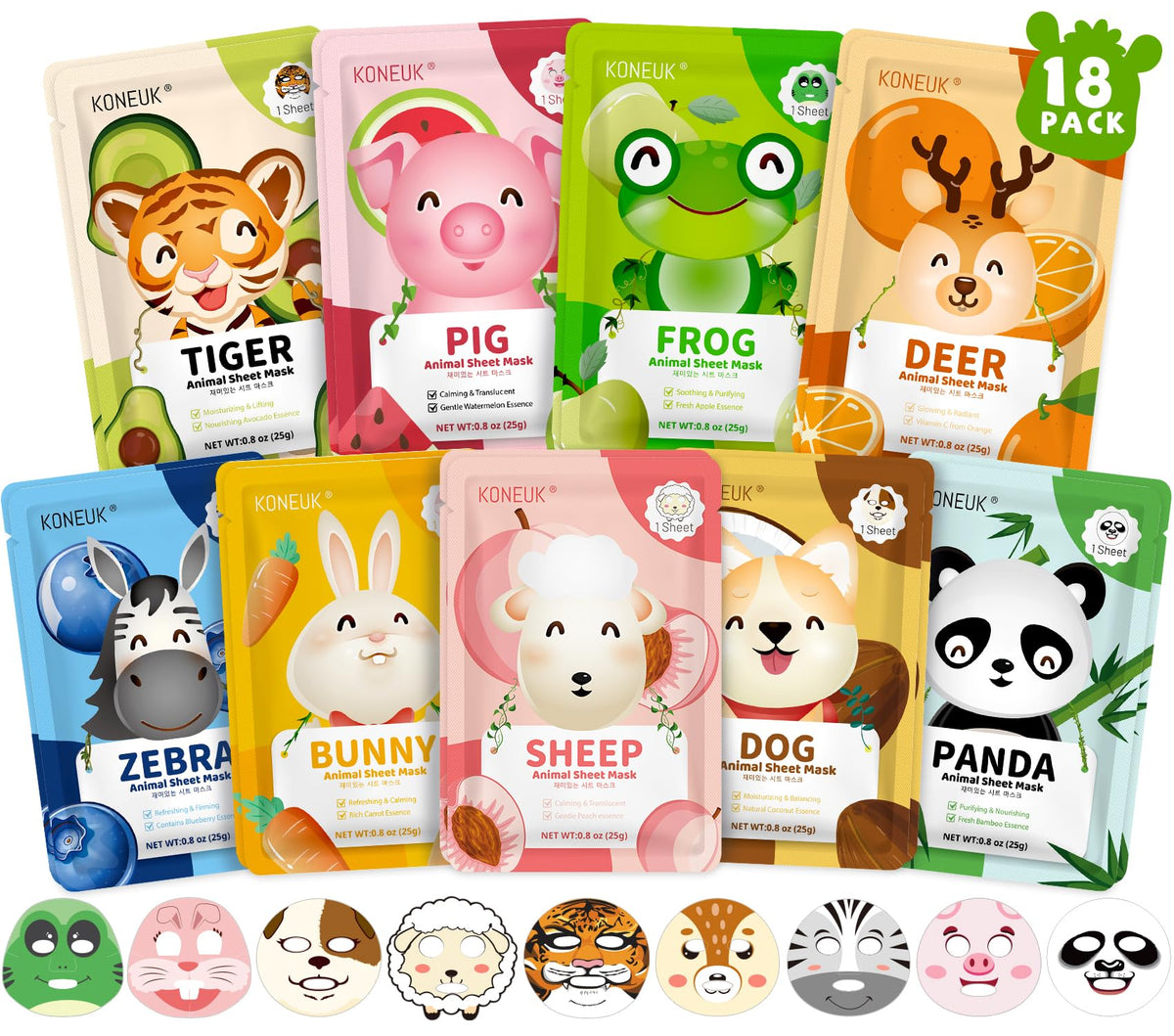 KONEUK front packaging showing 18 animal face masks, playful and convenient