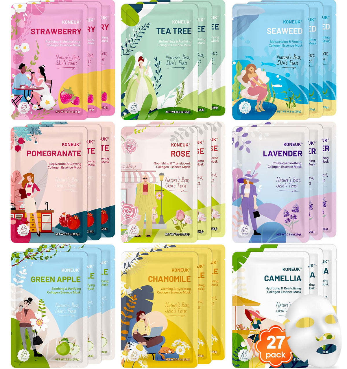 KONEUK front packaging showing 27 collagen sheet masks and clear benefit