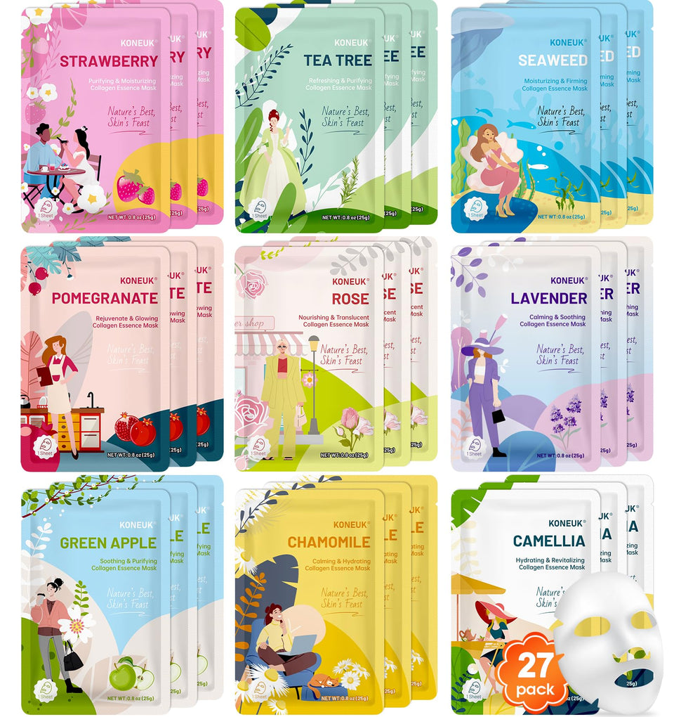 KONEUK front packaging showing 27 collagen sheet masks and clear benefit