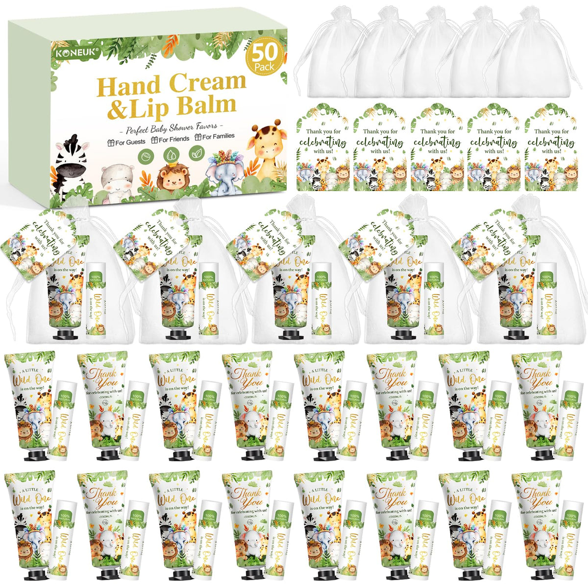 KONEUK front packaging showing 50-set favor kit and coconut scent benefit