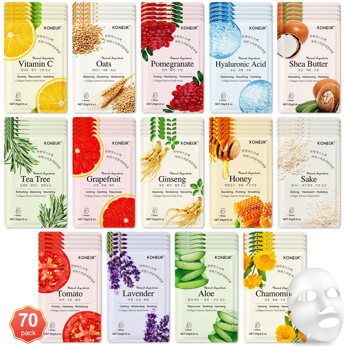 KONEUK front packaging showing 70-pack and colorful individual sachets for gifting