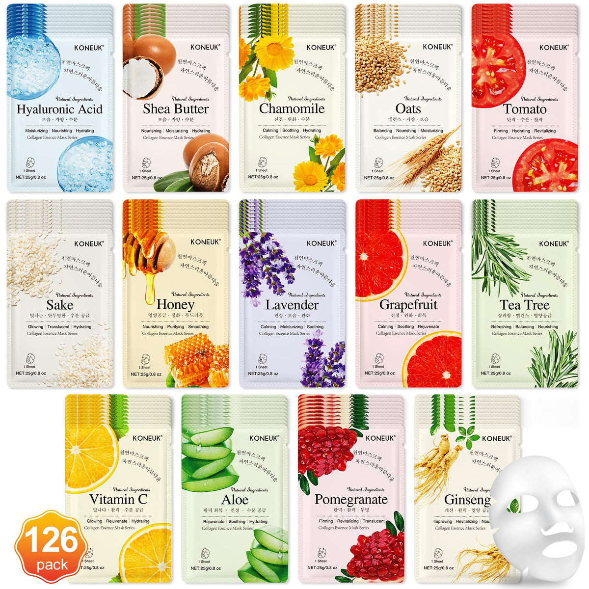 KONEUK front packaging showing 126-pack and colorful sachets for variety