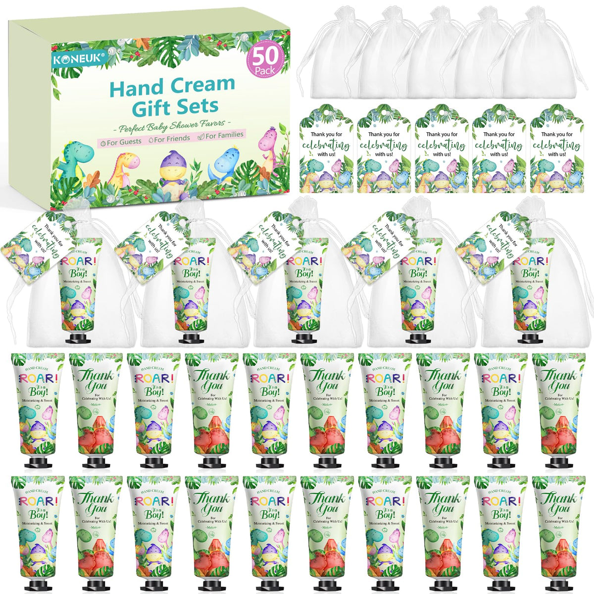 KONEUK front packaging showing dinosaur motif and included items benefit: clear gifting presentation
