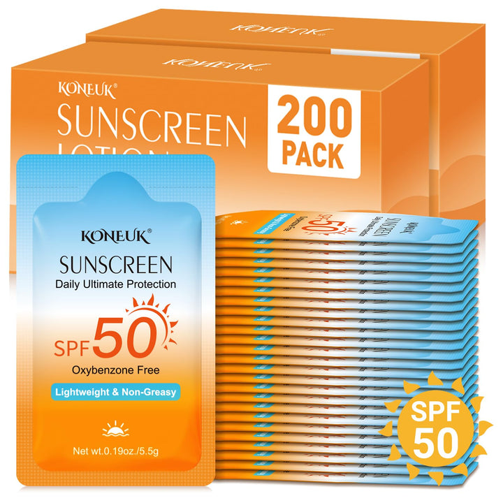 KONEUK front display of 200 sunscreen packets showing compact travel benefit