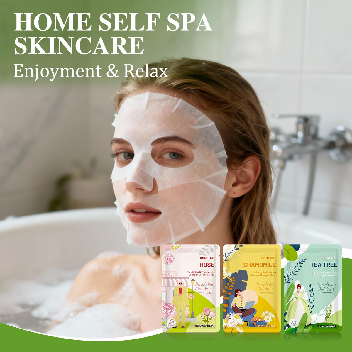 KONEUK masks arranged at a spa party setting showing shareable pampering