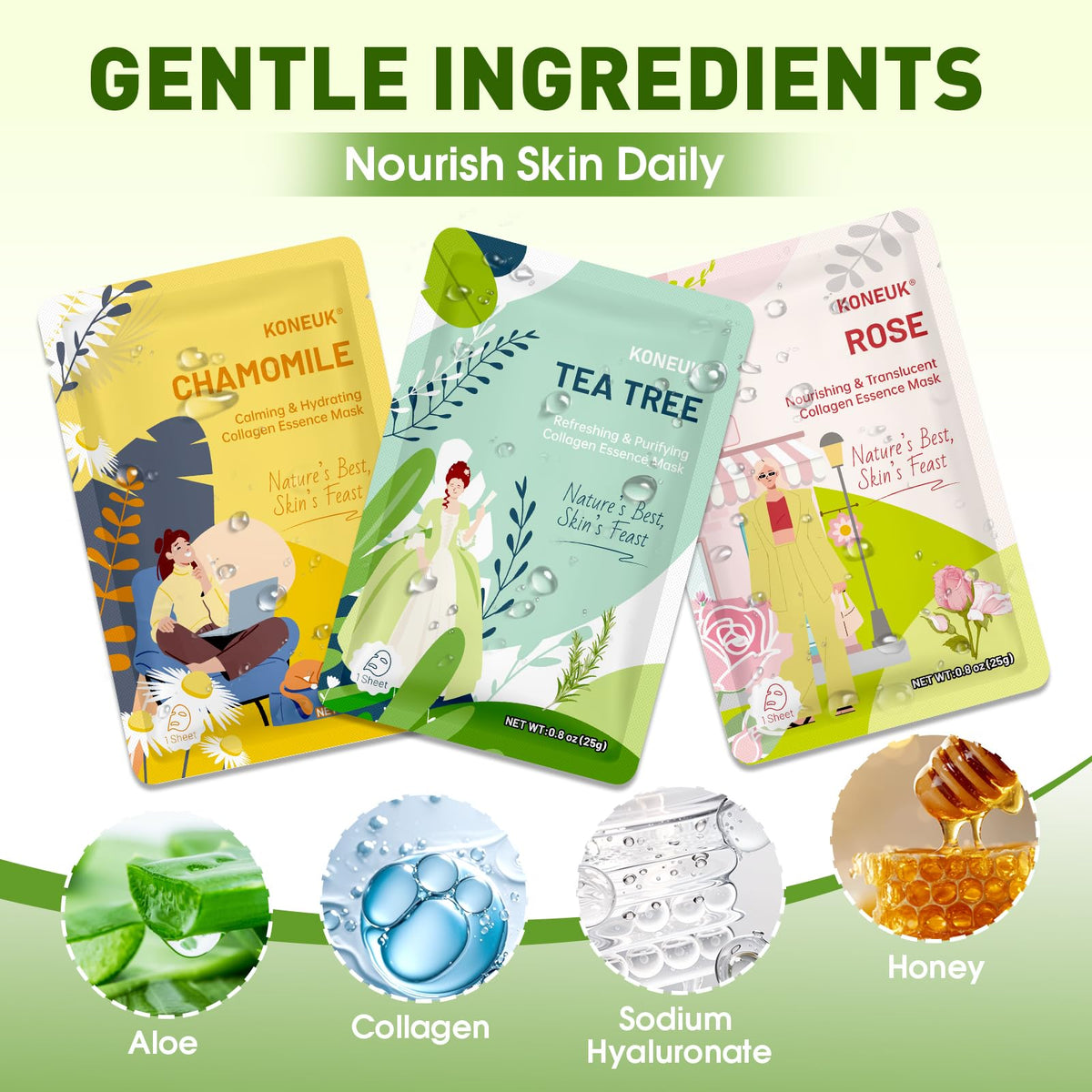 KONEUK model wearing a sheet mask illustrating comfortable fit and hydration