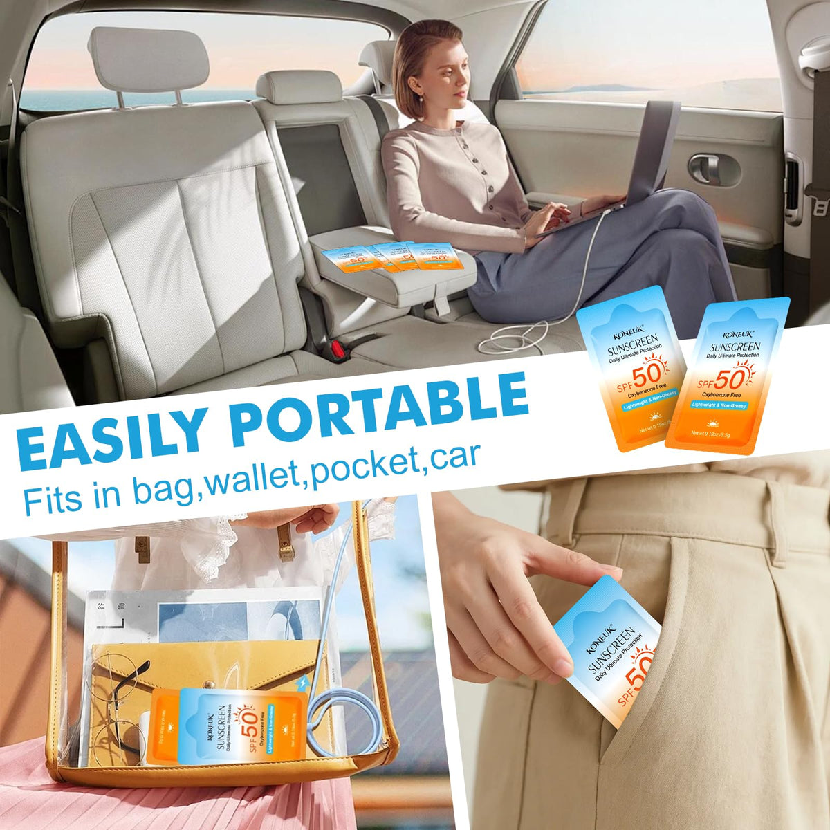 KONEUK packets inside a travel kit showing airport-ready convenience