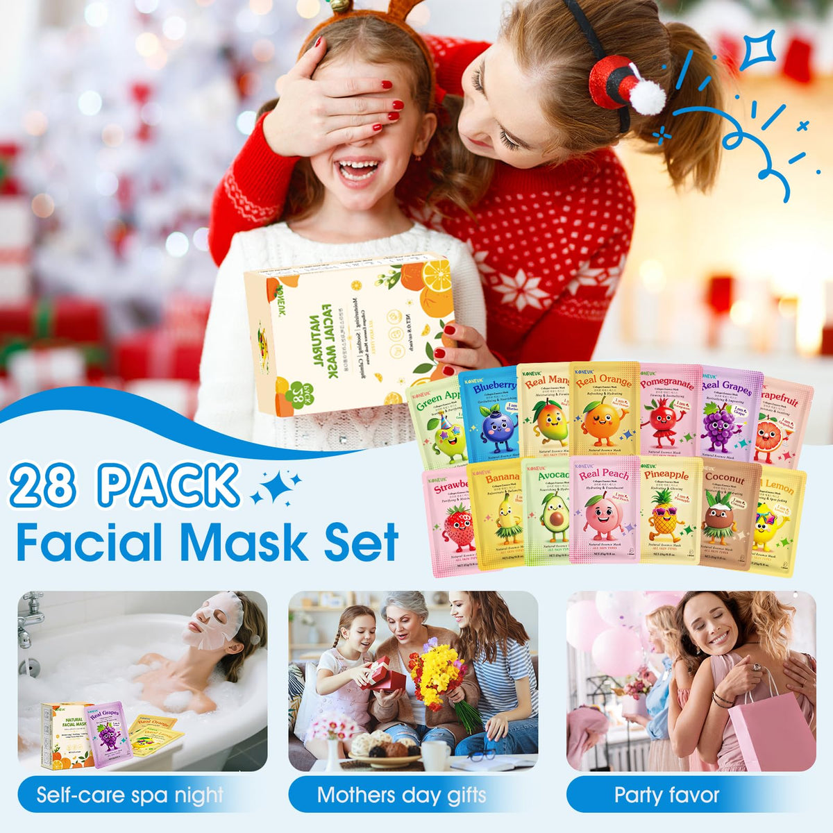 KONEUK party setup with masks, towels and snacks creating fun spa vibe