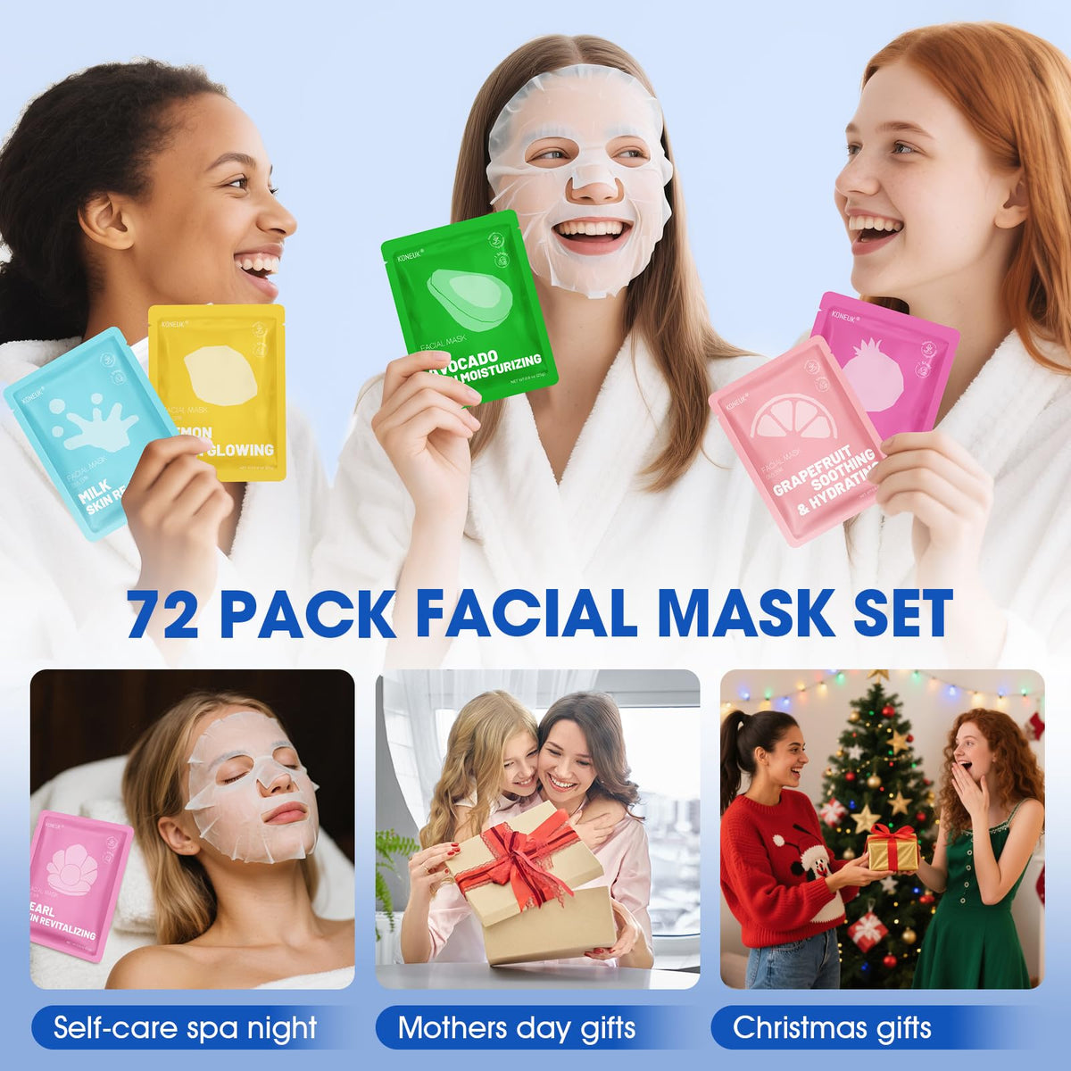 KONEUK spa party display with masks, showing giftable and shareable set