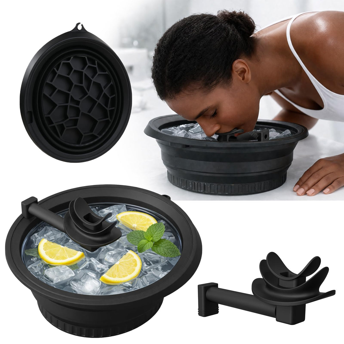 KONGISS front view of black face ice bowl showing compact design and built-in tray for portable cold therapy