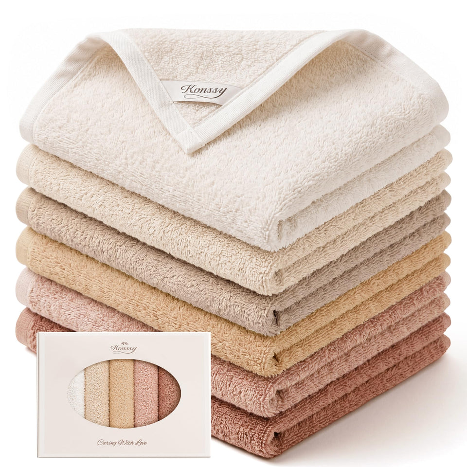 Konssy front packaging showing six washcloths and neat presentation benefit storage