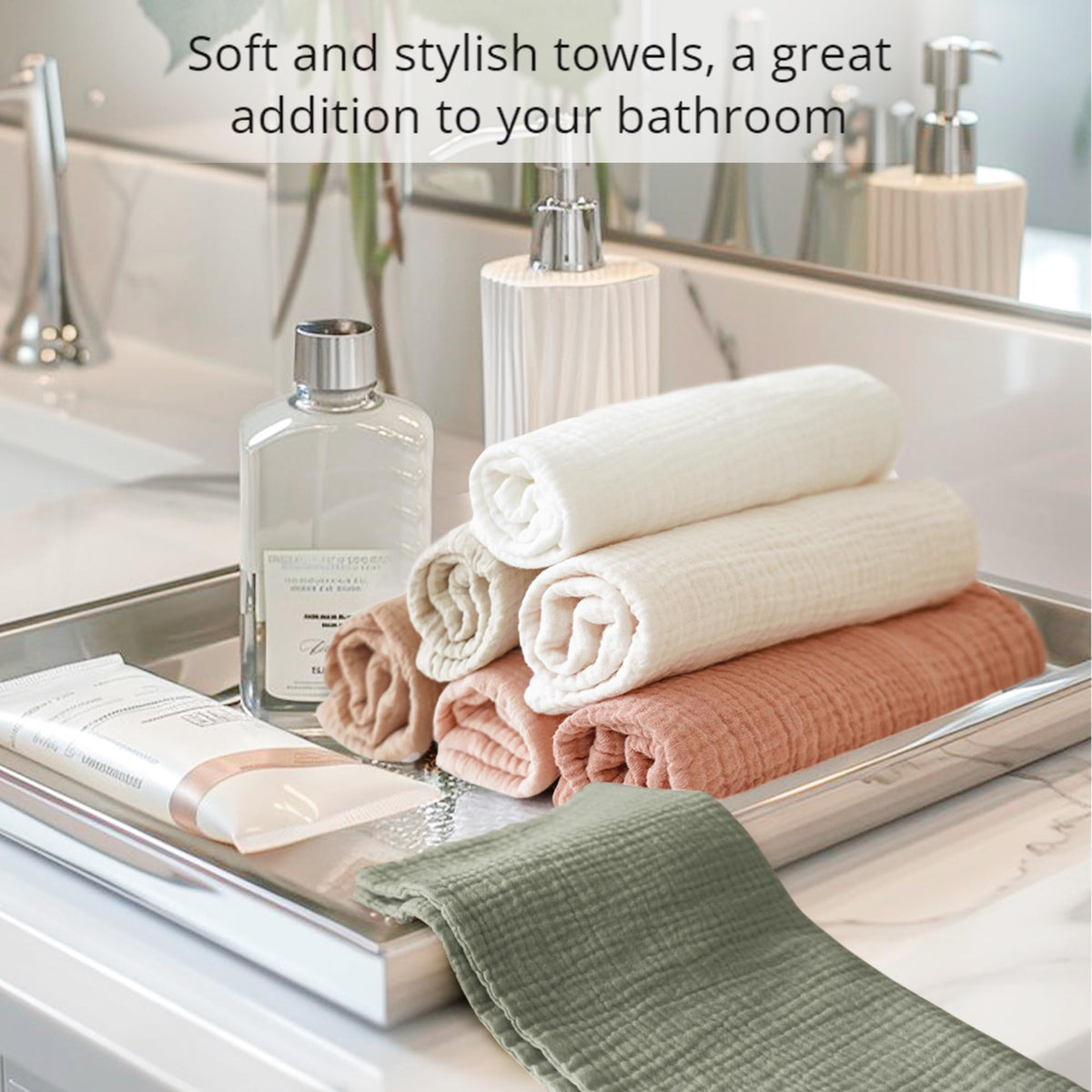 Konssy neat stack of seven neutral towels showing rotation-ready convenience benefit