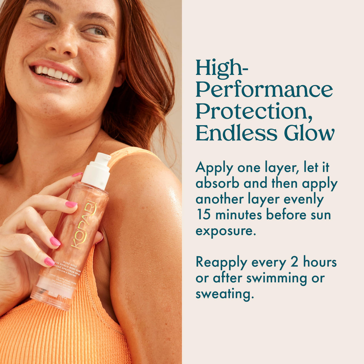 Kopari applied on model at beach showing protected glowing skin look