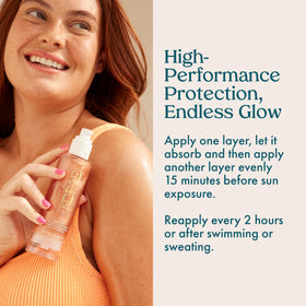 Kopari applied on model at beach showing protected glowing skin look