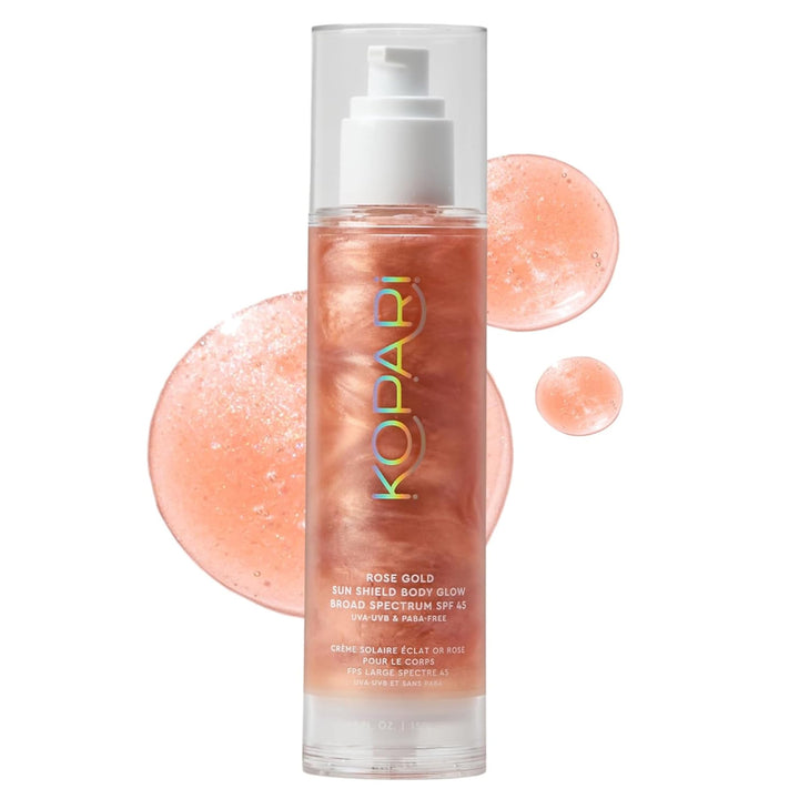 Kopari front bottle shot showing SPF 45 protection and glossy rose-gold finish