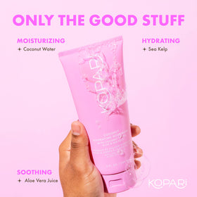 Kopari body wash in shower use, demonstrating gentle cleansing and fresh scent