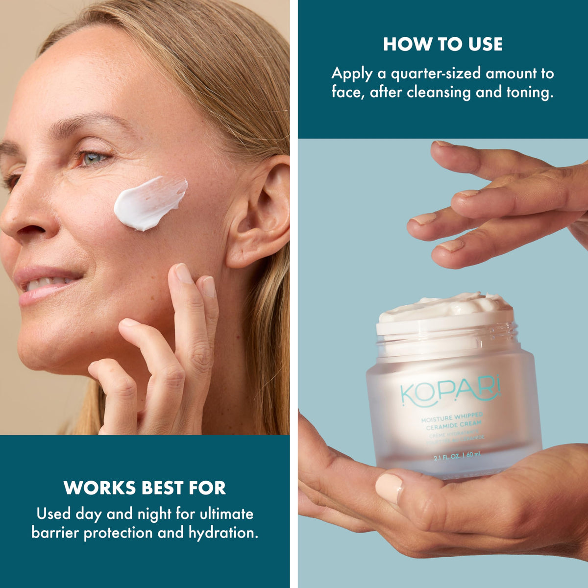hand applying Kopari cream demonstrating quick absorption and non-greasy finish