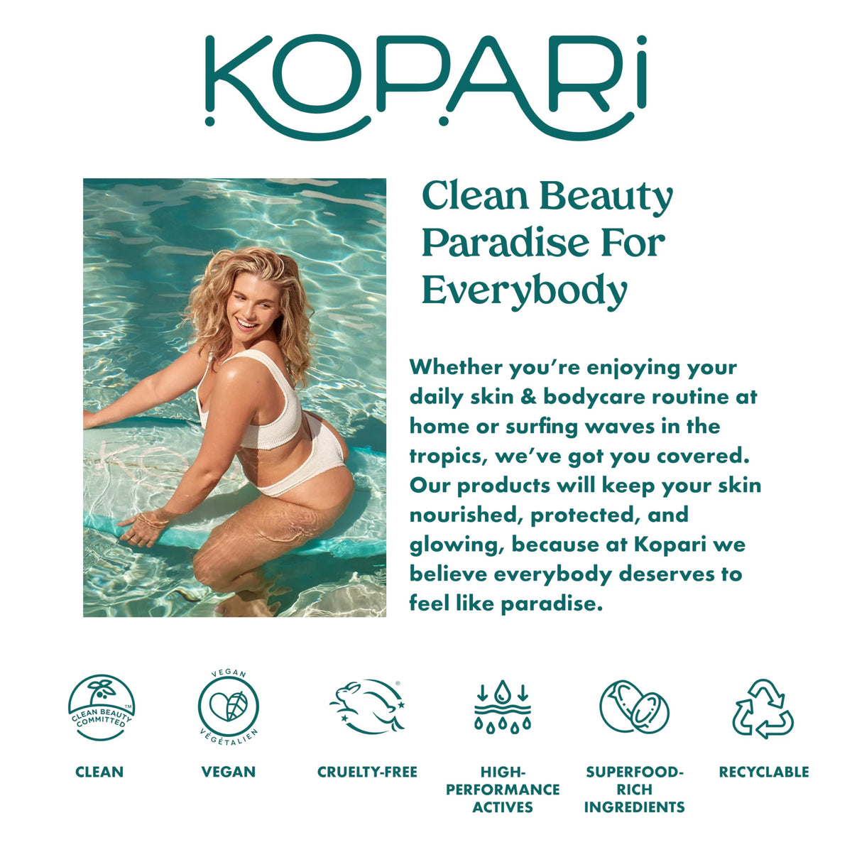 Kopari bottle on beach setting indicating reef-safe eco benefit