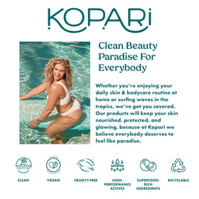 Kopari bottle on beach setting indicating reef-safe eco benefit