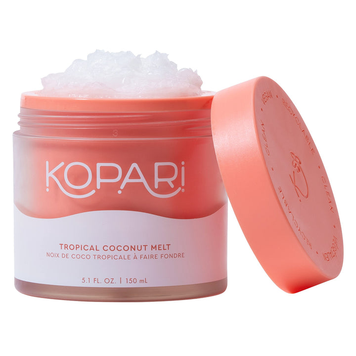 Kopari jar front view showing label and tropical packaging benefit visibility
