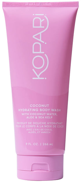 Kopari front packaging showing 9 oz bottle and coconut branding, promotes gentle cleansing