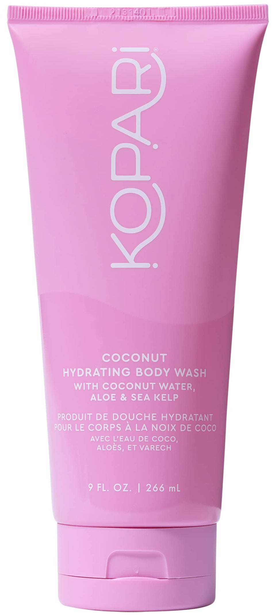 Kopari front packaging showing 9 oz bottle and coconut branding, promotes gentle cleansing