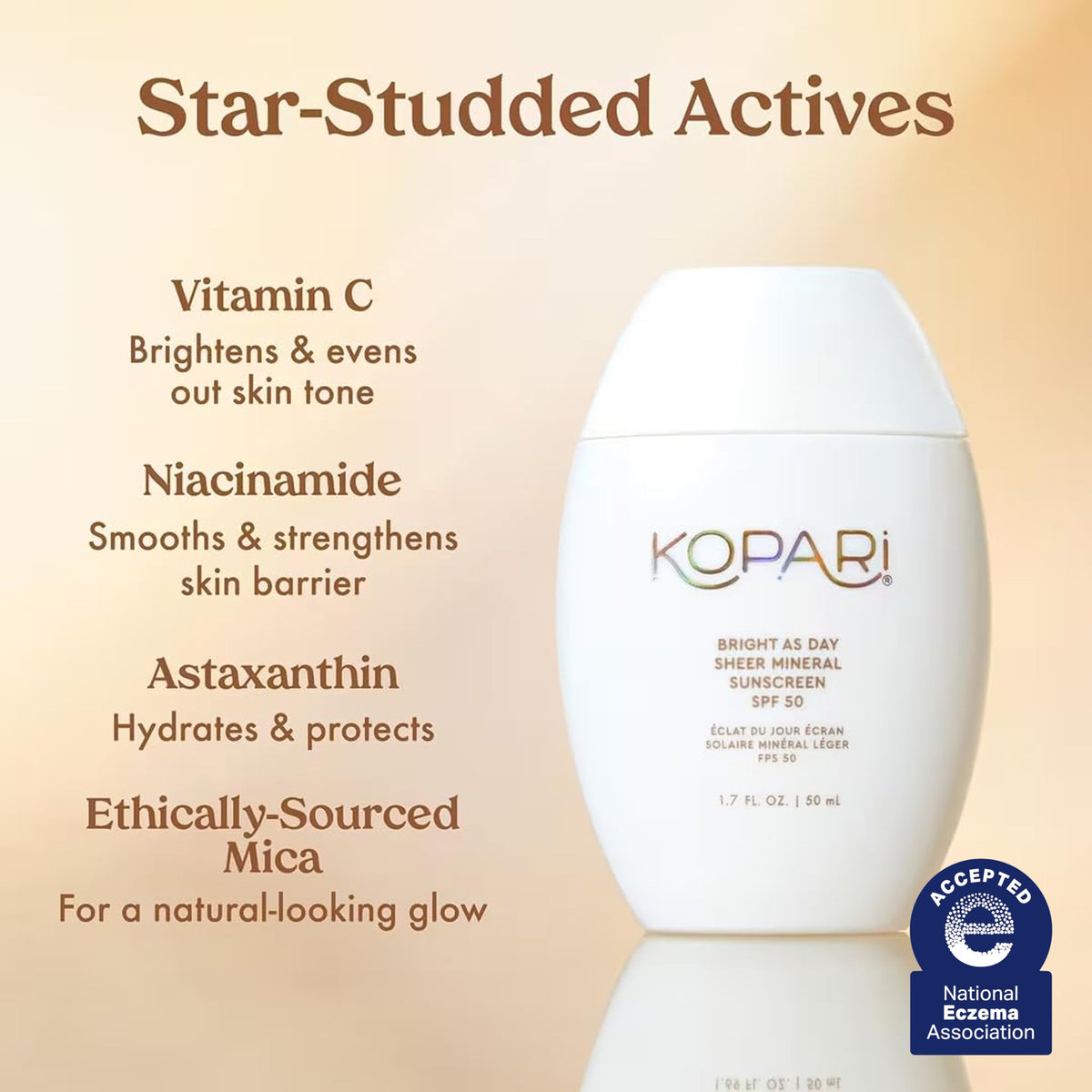 Kopari ingredient label detail showing vitamin C and niacinamide benefit