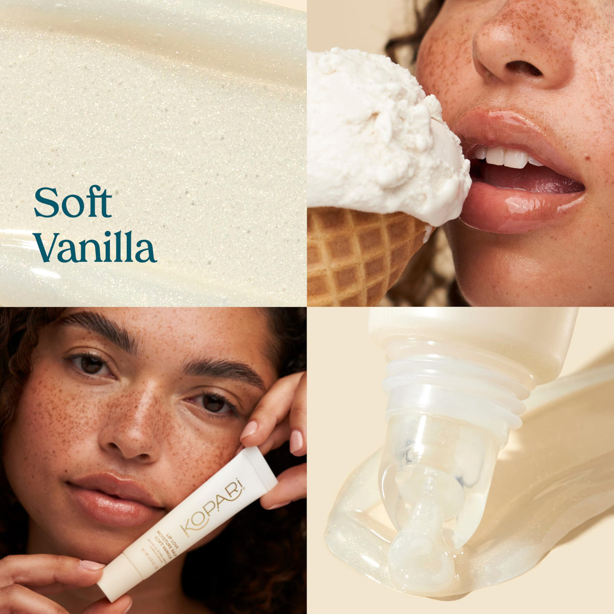 Kopari close-up shimmer highlighting soft vanilla glow, enhances natural lips