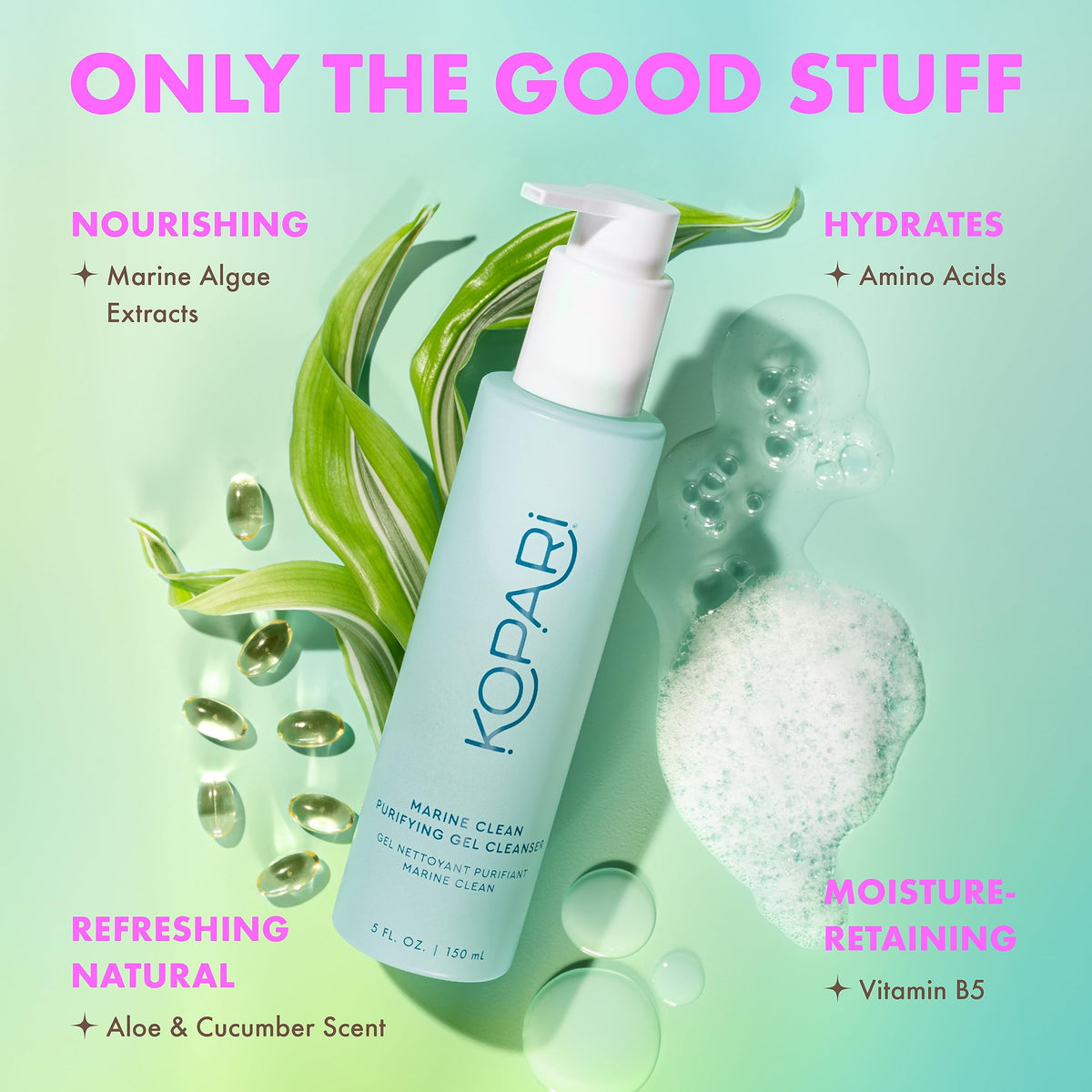 Kopari foam demonstration on hand showing light foaming and gentle cleansing action