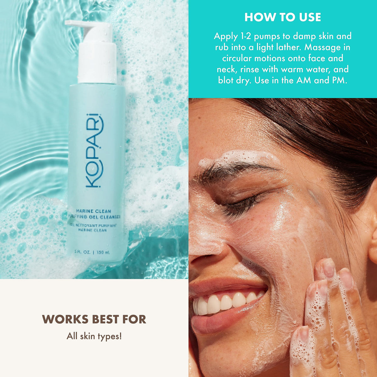 Kopari ingredients label close-up highlighting marine algae, amino acids, and vitamin B5