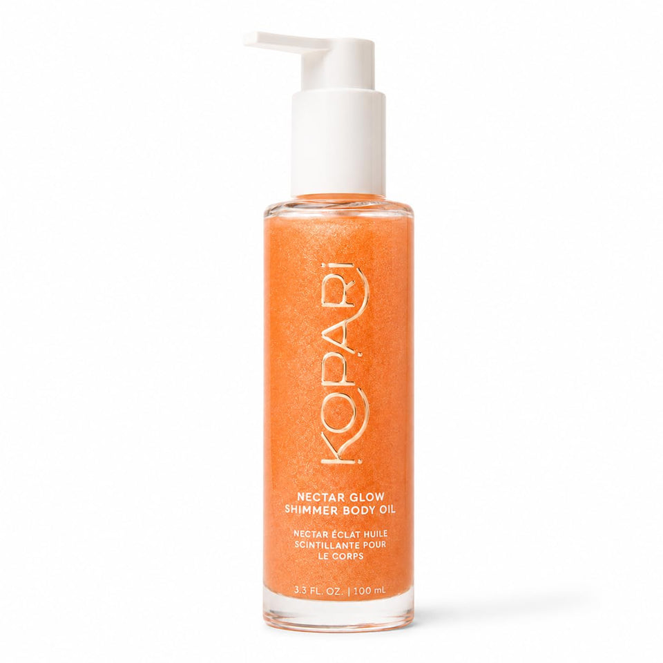 Kopari Nectar Shimmer Body Oil front packaging showing bottle and luminous finish