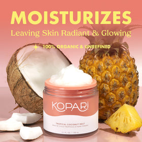 Kopari open jar texture close-up showing creamy coconut finish for easy absorption