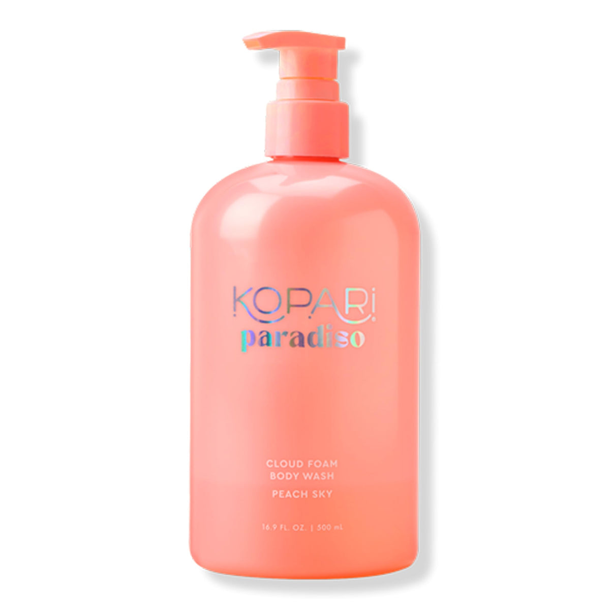 Kopari front packaging showing Peach Sky bottle and benefit of hydrating foam