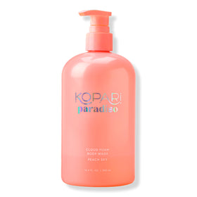 Kopari front packaging showing Peach Sky bottle and benefit of hydrating foam
