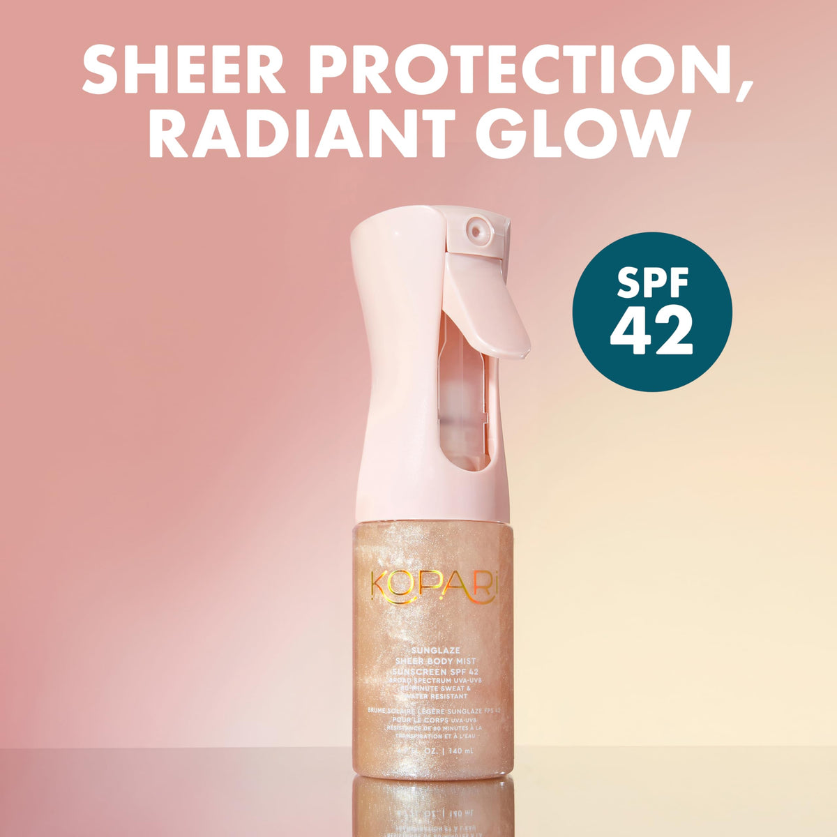 Kopari mist spraying from bottle for easy, even sunscreen application