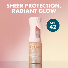 Kopari mist spraying from bottle for easy, even sunscreen application