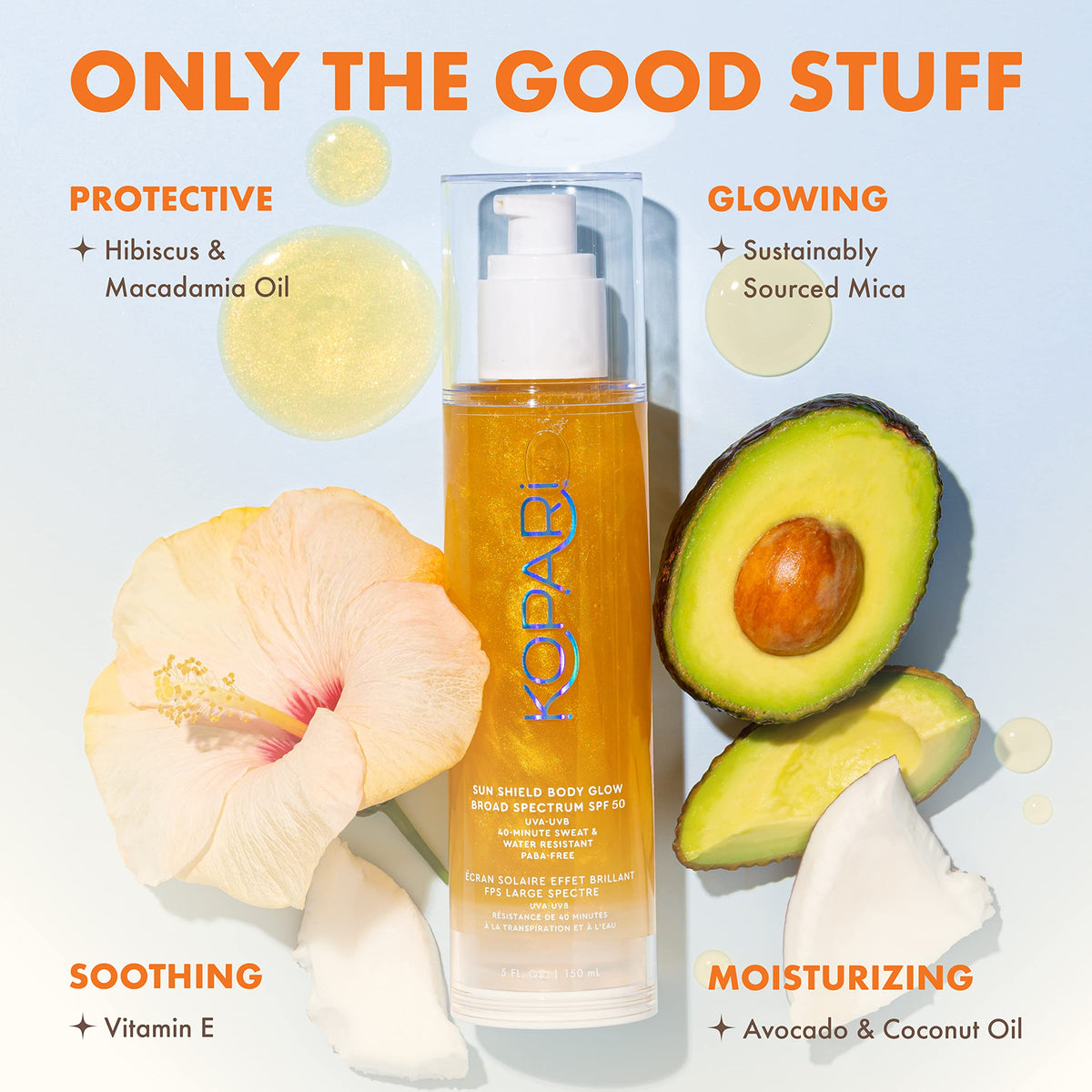 Kopari applied on legs at beach demonstrating glowing sun-kissed finish