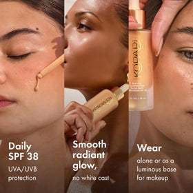 Kopari application on face demonstrating buildable glow benefit