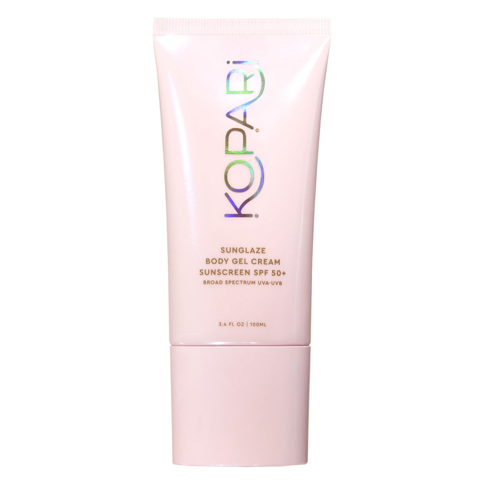Kopari sunglaze front packaging showing SPF 50+ protection and glow
