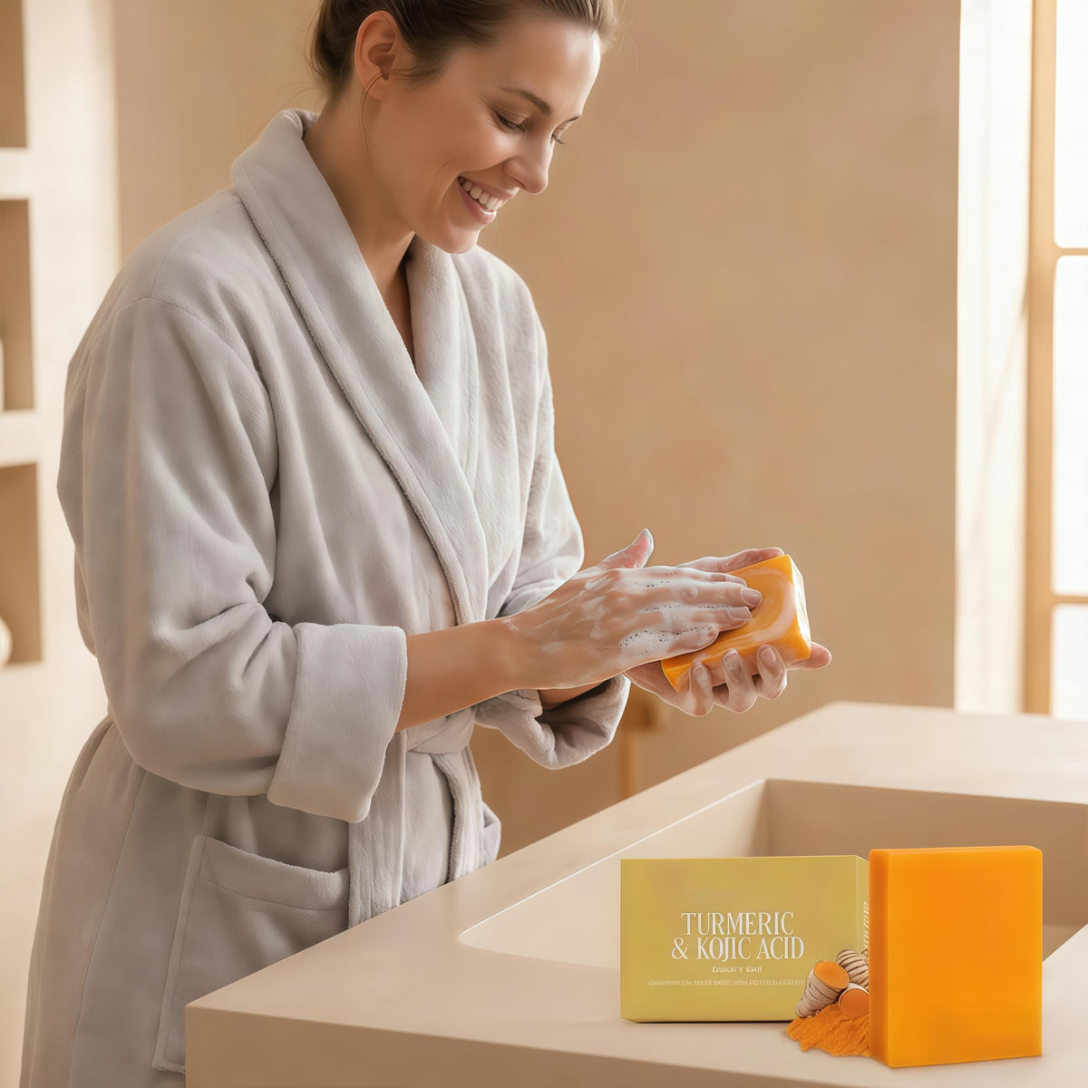 KORA BALM bars on bathroom shelf in lifestyle scene promoting daily use