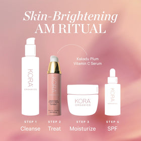 KORA Organics bottle on bathroom shelf as part of morning routine benefit