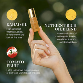 KORA Organics ingredient arrangement with noni tomato bamboo highlighting organic actives