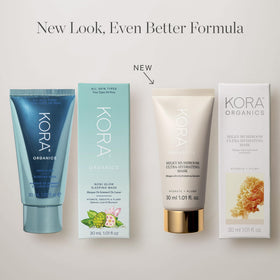 KORA Organics applied on model’s cheek, shows dewy finish and overnight hydration