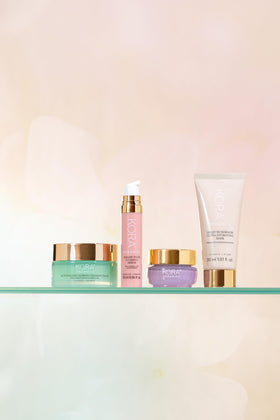 KORA Organics jar on bathroom shelf at night, suggests bedtime routine boost