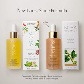 KORA Organics model applying oil to face demonstrating healthy radiant finish