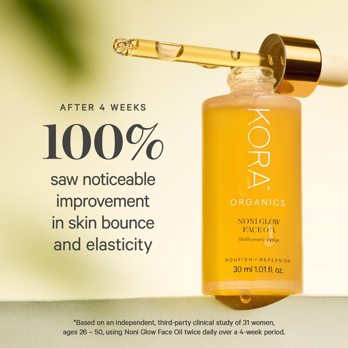 KORA Organics pipette dispensing noni glow oil illustrating precise application