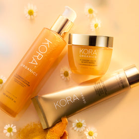 KORA Organics on a bathroom shelf in lifestyle scene showing daily routine