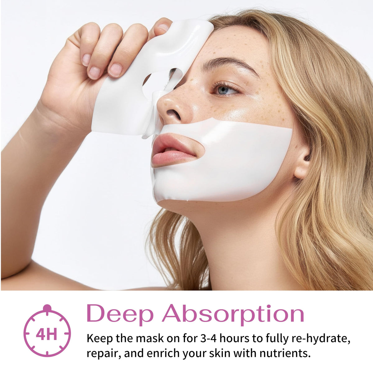 Koreana Skin mask on woman demonstrating application and instant glow